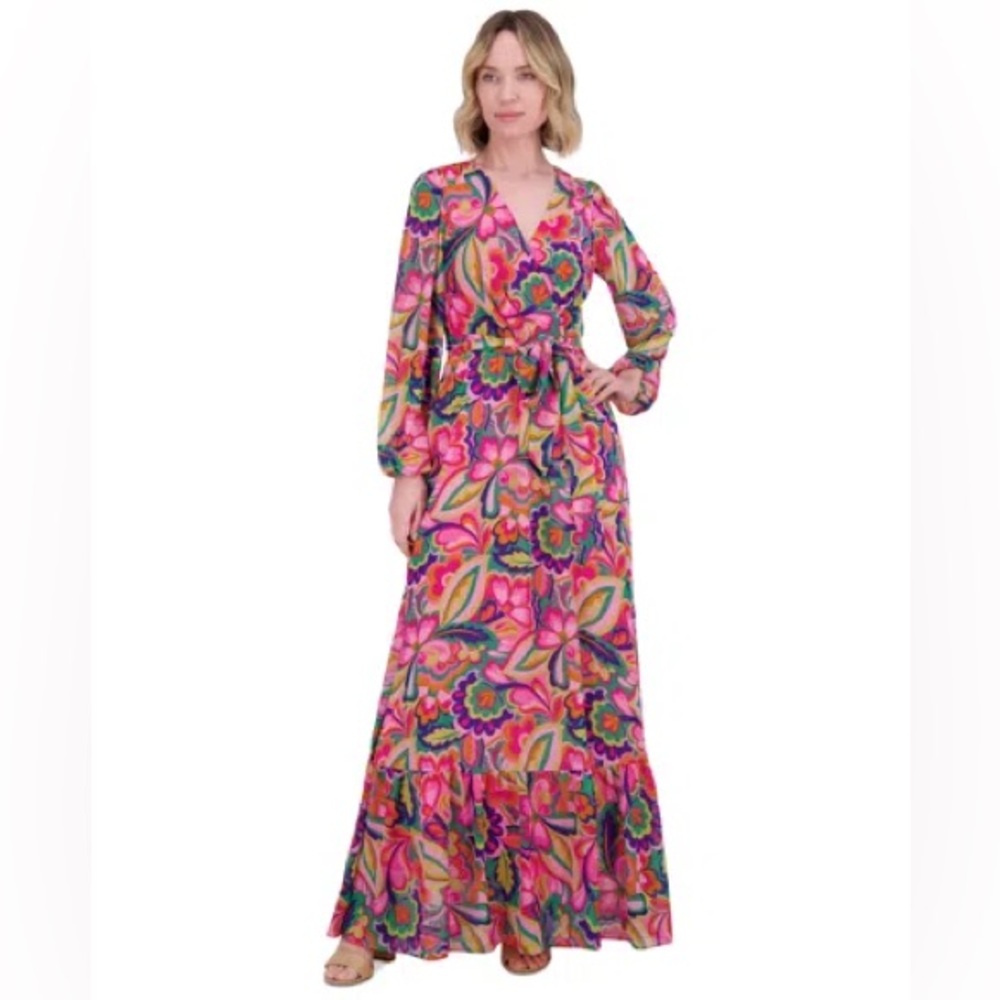 Jessica Howard V-Neck Long Sleeve Tie Sash Chiffon Wrap Dress